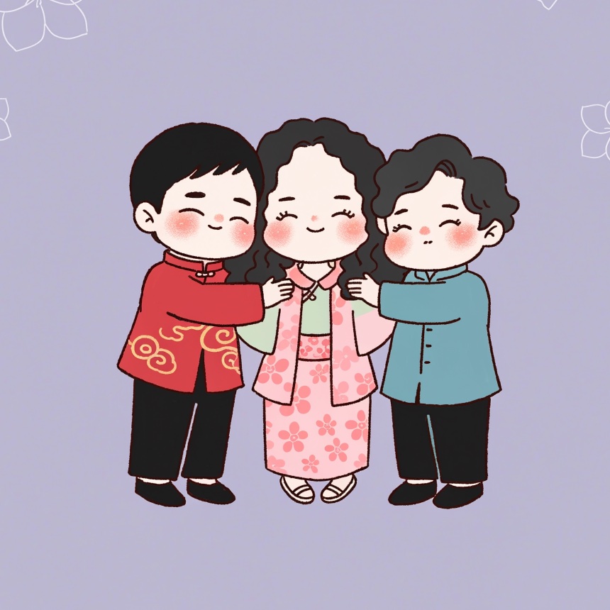 Three cute cartoon friends cuddling: a girl in a pink Peranakan kebaya hugged by two boys in a red tang suit and a teal baju melayu